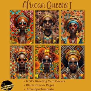 African Queens I DFY / Tarjetas de felicitación afroamericanas únicas - Descarga instantánea de PDF para 6 diseños de reinas nubias Imprimibles