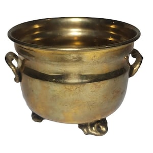 May include: A small, gold-colored brass planter with two handles and three feet. The planter is made of a shiny metal and has a slightly aged appearance.