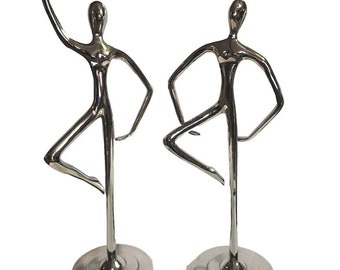 2 Chrome Plated Metal Ballet Dancer Figure Sculptures Modern Art Deco 3rd & 4th Positions 16" and 18"