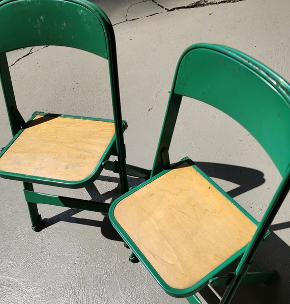 2 Vintage 1950s Industrial Metal Green Children's Folding