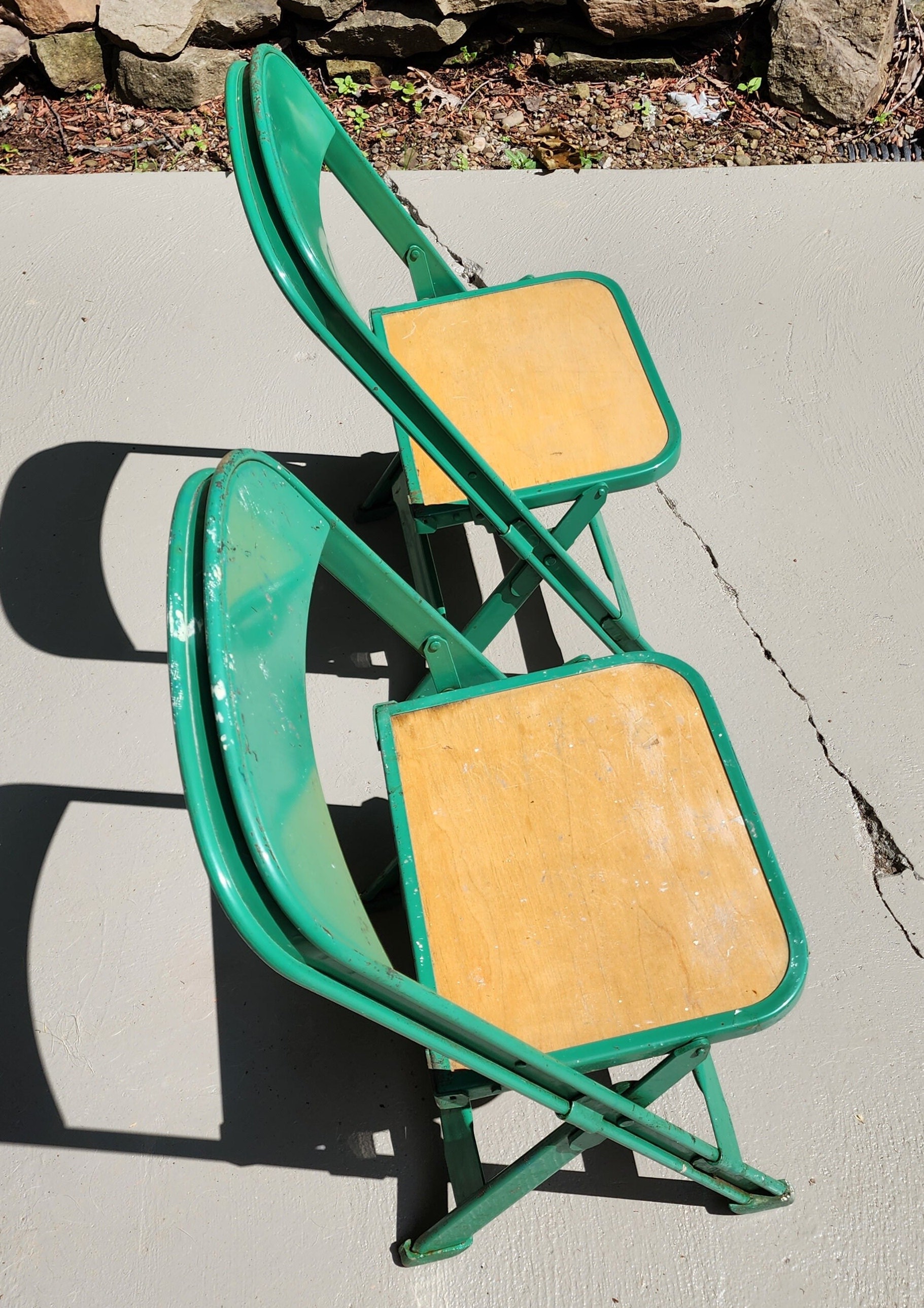2 Vintage 1950s Industrial Metal Green Children's Folding