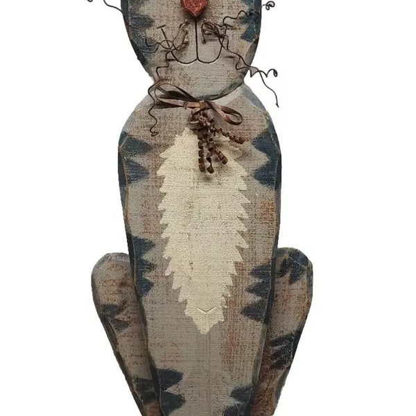 Large Wood Kitty Cat Folk Art 24" Rough Cut Primitive Decor Gray Stripe Metal Wire Whiskers Hand Crafted