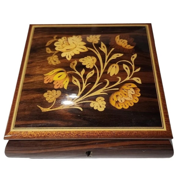 Vtg Reuge Italian Inlaid Wood Inlay MUSIC " It's Impossible" Jewelry Musical Box Swiss Hand Crafted