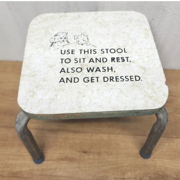 Vintage STEP STOOL MCM Kitchen Kids  Metal w Plastic Caps Dog Cat Design Quote