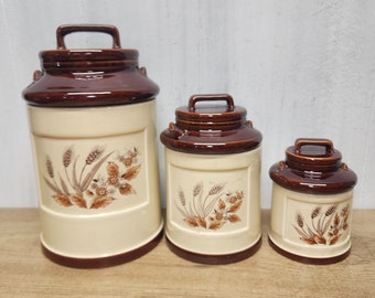 3 VTG 3 Sears Roebuck Ceramic Wheat Pattern Milk Can Crock Canister Set Japan