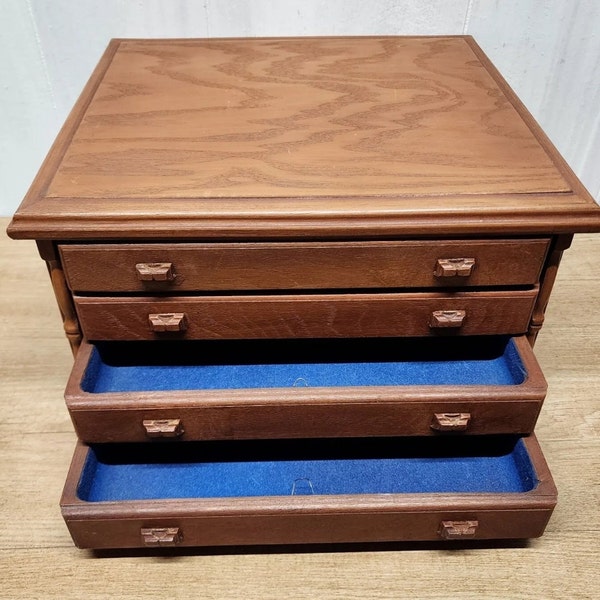 Vintage 1974 Wood Box Jewelry MCM 4 Drawers Keepsakes Trinkets Blue Lined 12 X 13 Retro Old