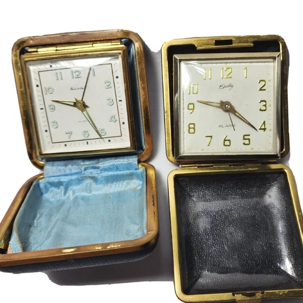 2 VTG Travel Alarm Clocks Folding Case Tourist Bradley Glow 1 Works Need Work