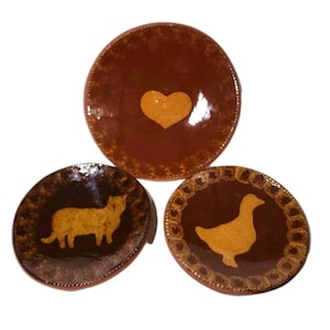 3 Vintage CH Foltz Pottery Redware Stonewear Plates Plate Set Cat Duck Heart Red Clay Stone Country