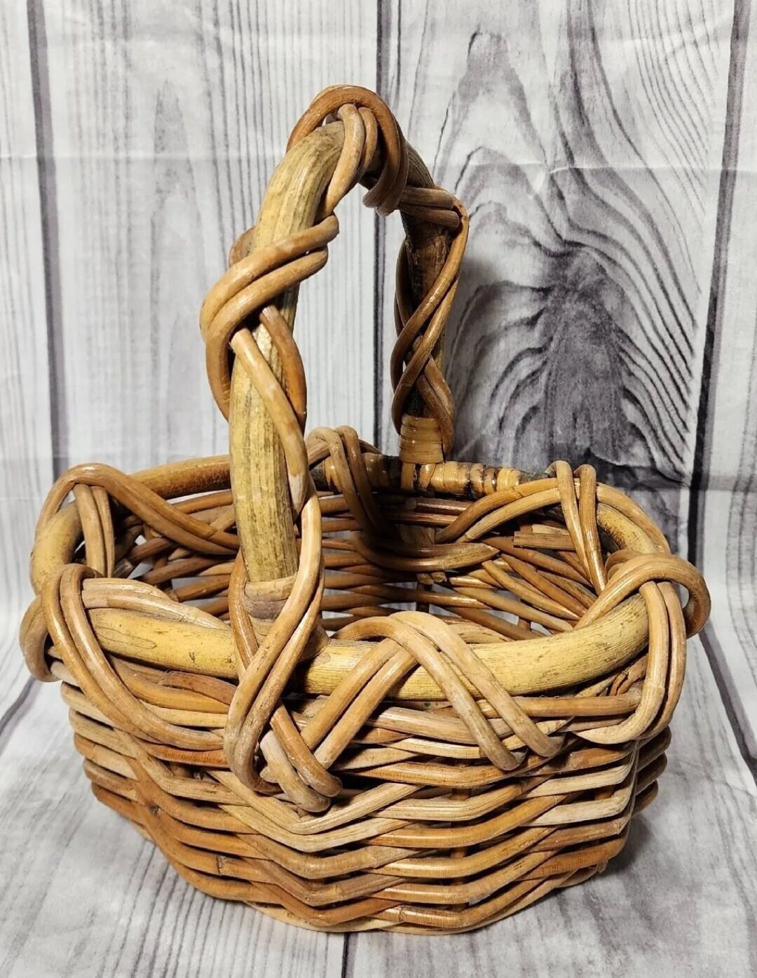 Vtg Hand Crafted Wood Woven Basket W Handle Small Primitive Style Wicker Weave Thick - Etsy