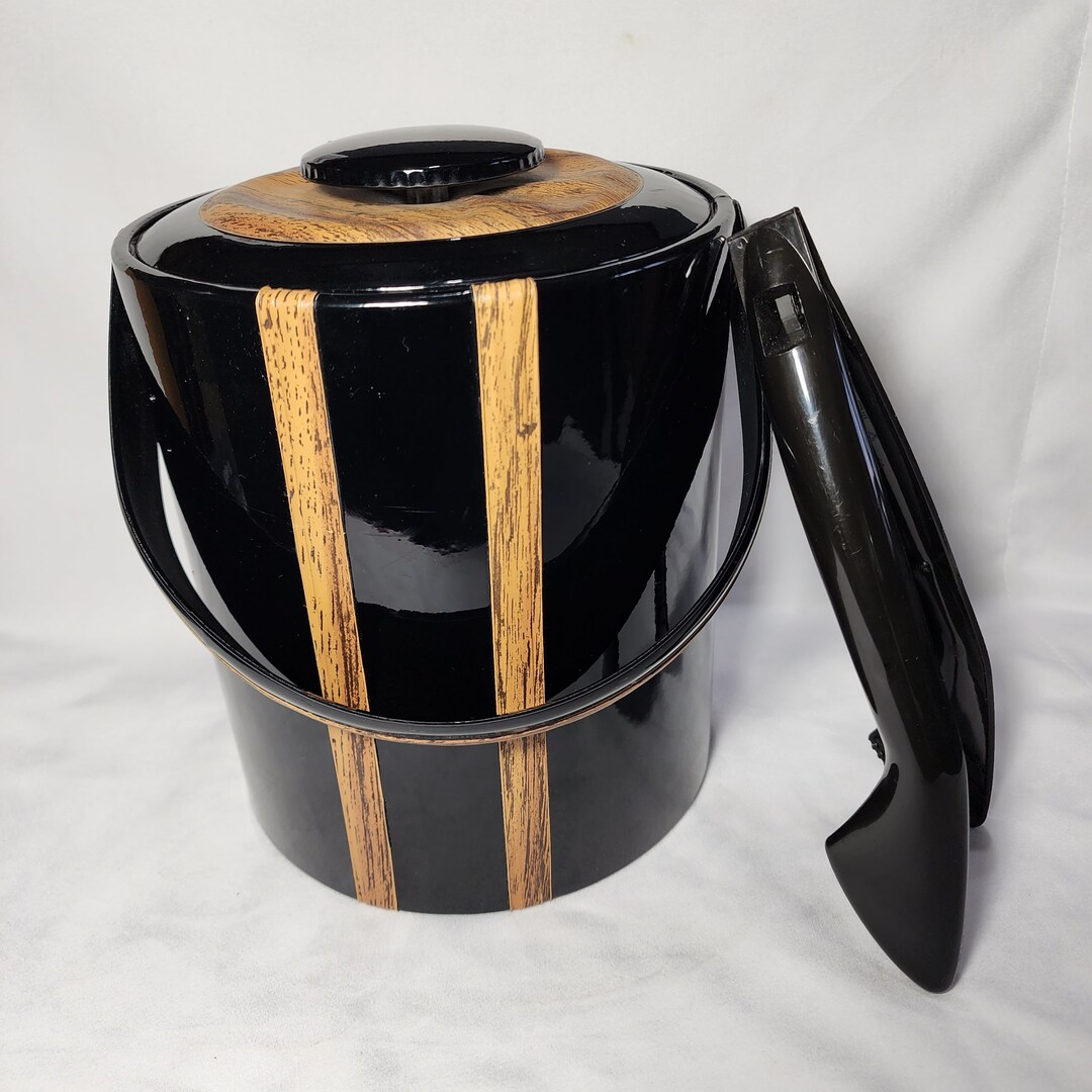 Vintage MCM Ice Bucket Black Vinyl Wood Grain Briard USA W Tongs