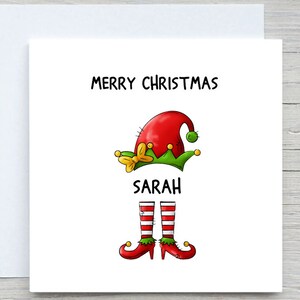 Gepersonaliseerde kerstkaart, grappige kerstkaart, elfenhoed en -benen, naam toevoegen kerstkaart, aangepaste kerstkaart