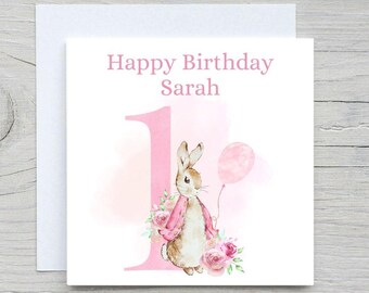 Personalized First Birthday Card: Baby Girl Bunny