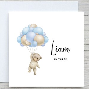 Biglietto di auguri di compleanno personalizzato per neonato, biglietto con tenero orsacchiotto, biglietto con palloncini blu, per nipote, per nipote, per figlio,