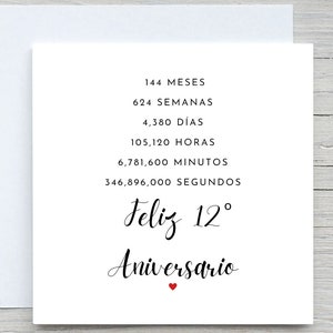 Spaanse jubileumkaart, gepersonaliseerde jubileumkaart, 12e verjaardagskaart, zijdeverjaardag, 12 jaar samen huwelijksverjaardag