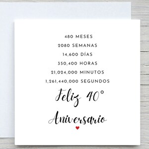 スペイン語 40 周年記念カード、パーソナライズされた記念カード、結婚 40 周年カード、ルビー記念日