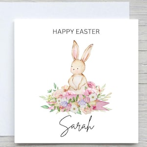 Personalisierte glückliche Osterkarte, Grußkarte Tochter, benutzerdefinierte Osternamenkarte, Ostergeschenk für Enkelin, Tochter, rosa Hasenkarte