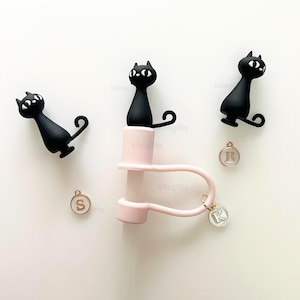Op de afbeelding: Een roze en witte katvormige pluizenroller met drie zwarte kattenbeeldjes en drie letterbedels. De kattenbeeldjes zijn zwart met witte ogen. De bedels hebben de letters "S", "B" en "K".