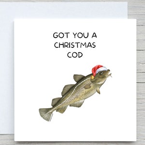 Gepersonaliseerde kerstkaart, Got You A Christmas Cod, grappige woordspeling kerstkaart, kerstkaarten kabeljauw, kaart voor vissen, kerstkaart kabeljauw