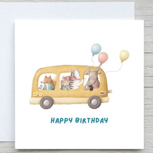 Personalised Baby Toddler Birthday , First birthday card, Animal Bus card, balloons animal card