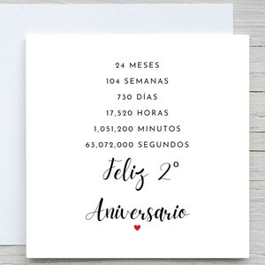 Biglietto di auguri per il 2° anniversario in spagnolo, biglietto di auguri personalizzato per l'anniversario, biglietto per il secondo anniversario, anniversario di cotone, 2° anniversario di matrimonio, regalo