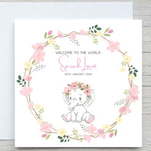 Tarjeta personalizada para recién nacida de niña, tarjeta de cumpleaños con elefante para niña, bienvenida al mundo