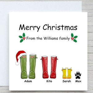 Cartão de Natal personalizado, Cartão de Natal para a família, Cartão de botas de chuva, Adicionar nome Cartão personalizado de Natal, Cartão para membros da família, Feliz Natal para a família
