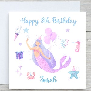 Carte d'anniversaire personnalisée, carte d'anniversaire sirène, cartes d'anniversaire aquarelle, ajouter le nom et la carte d'âge, pour fille,