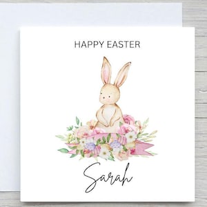 Carte de Pâques personnalisée : lapin rose, nom personnalisé