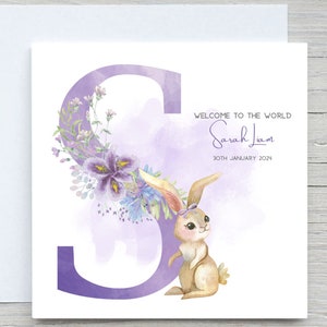 Biglietto di auguri personalizzato per neonata dalla A alla Z, biglietto di auguri per compleanno coniglietto viola per neonata, benvenuta al mondo