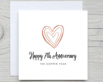 Tarjeta personalizada del séptimo aniversario: Corazón de cobre, texto personalizado