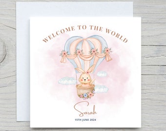 Personalised Baby girl Newborn Card , Baby Girl Rabbit Birthday Card, Welcome to the world, baby shower card