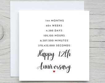 Anniversary Card, Personalised anniversary card, 12th Anniversary card, Silk Anniversary, 12 years together wedding anniversary