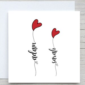 Tarjeta de amor personalizada, tarjeta con nombres de parejas, tarjeta con globo de corazón, tarjeta del día de San Valentín, tarjeta romántica, amor, tarjeta de aniversario