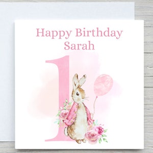 Cartão de aniversário inicial personalizado, cartão de primeiro aniversário, cartão de aniversário rosa de coelho para menina, cartão de primeiro aniversário, cartão de aniversário de um ano
