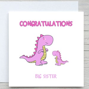 Carte personnalisée Nouveau bébé, carte Grande soeur, carte de félicitations, carte grande soeur, carte dinosaure mignonne