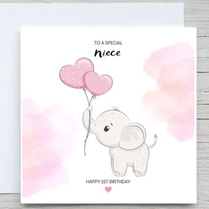 Carte d'anniversaire bébé fille, carte de premier anniversaire, carte de nièce, carte de petite-fille, carte de 1er anniversaire, carte éléphant rose