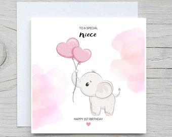 Baby girl Birthday Card, first birthday card, to niece card, to granddaughter card, 1st birthday card, pink elephant card