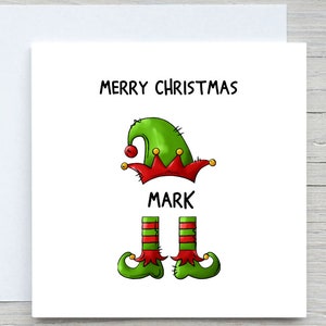 Gepersonaliseerde kerstkaart, grappige kerstkaart, elfenhoed en -benen, naam toevoegen kerstkaart, aangepaste kerstkaart