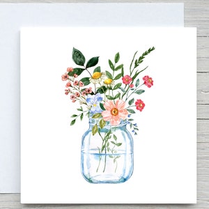 Tarjeta con flores silvestres en acuarela, tarjeta botánica floral con flores, tarjeta de felicitación floral, tarjeta personalizada