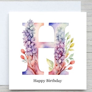 Kaart met initialen, kaart bloemen alfabet, aangepaste kaart, kaart letter H, gepersonaliseerd verjaardagscadeau, kaart H bloemen