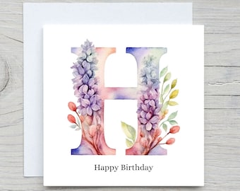 Initials Card, Floral Alphabet Card, Custom card, Letter H Card, Personalised Birthday gift, Floral H card