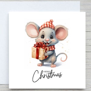 Carte de Noël personnalisée, joyeux Noël, carte de vœux, jolie souris de Noël avec cadeau, carte de Noël