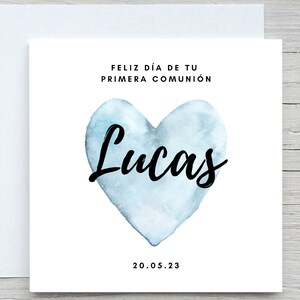 Carte de communion espagnole, carte de communion personnalisée pour fils, petit-fils, neveu, carte de baptême coeur bleu aquarelle, primera comunión