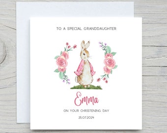 Personalised Christening Card, Baby Girl Pink Bunny Rabbit Card, Baptism Card, Baptism Card For Niece, Granddaughter Baptism Card,
