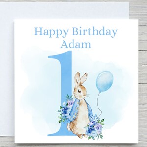 Cartão de aniversário personalizado para menino, cartão de primeiro aniversário, cartão de aniversário azul para menino coelho, cartão de primeiro aniversário, cartão de aniversário de um ano
