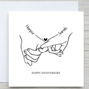 Tarjeta de aniversario personalizada, tarjeta con nombres de parejas, tarjeta de manos, tarjeta del día de San Valentín, tarjeta romántica, amor, tarjeta de aniversario