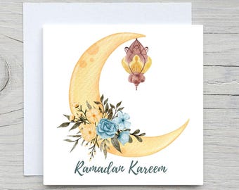 Personalized Ramadan Card: Watercolor Lantern, Moon, Eid Mubarak