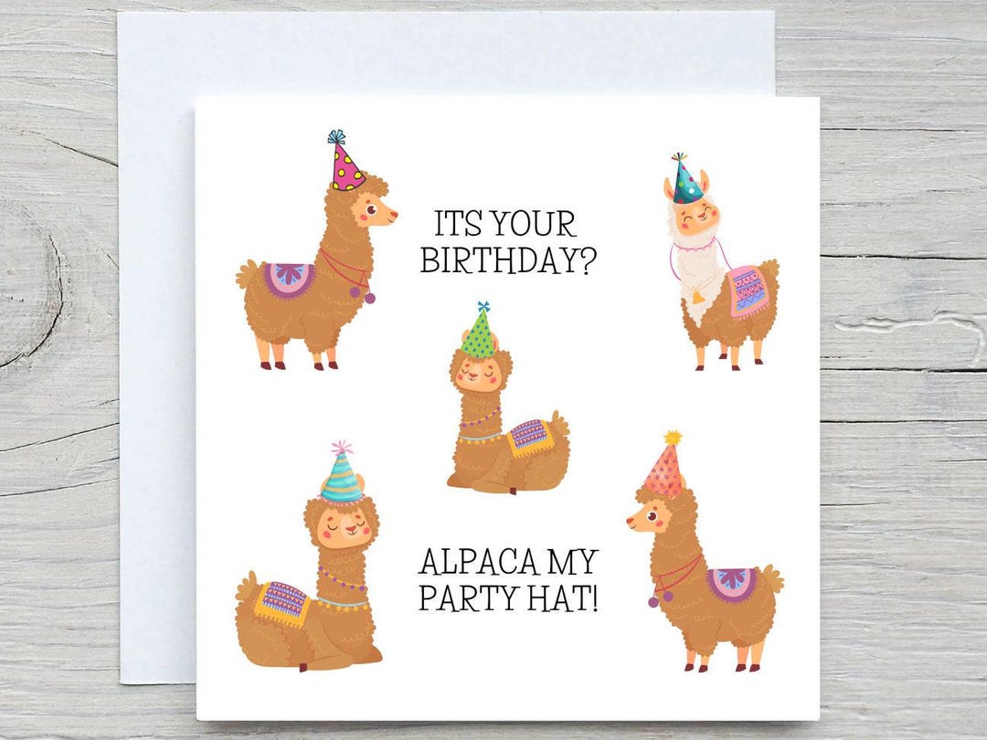 Biglietto di auguri di compleanno con un lama Alpaca divertente che indossa un compleanno, regali, camera dei bambini | Vettore Premium