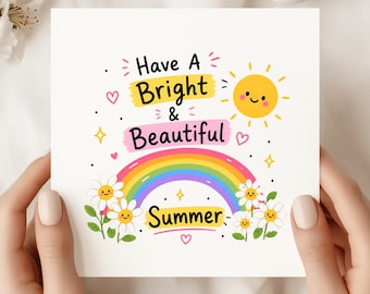 Happy Summer Card, Bright And Beautiful Summer Card, Cute Sunshine Greeting Card, Rainbow Daisy Card, Summer Wishes Card