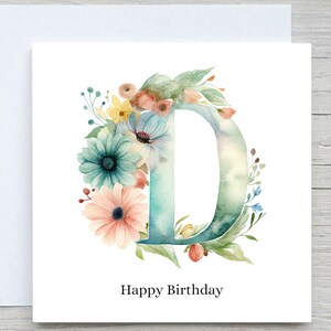 Tarjeta con iniciales, tarjeta con alfabeto floral, tarjeta personalizada, tarjeta con la letra D, regalo de cumpleaños personalizado, tarjeta con letra D floral